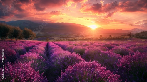 A field of lavender flowers with a beautiful sunset in the background. The sky is filled with clouds and the sun is setting, creating a warm and peaceful atmosphere © vadosloginov
