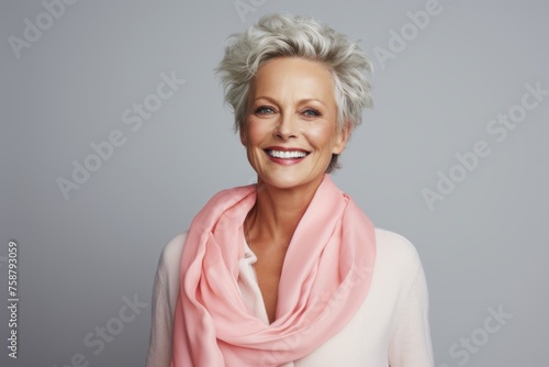 Portrait of happy senior woman with pink scarf on grey background.