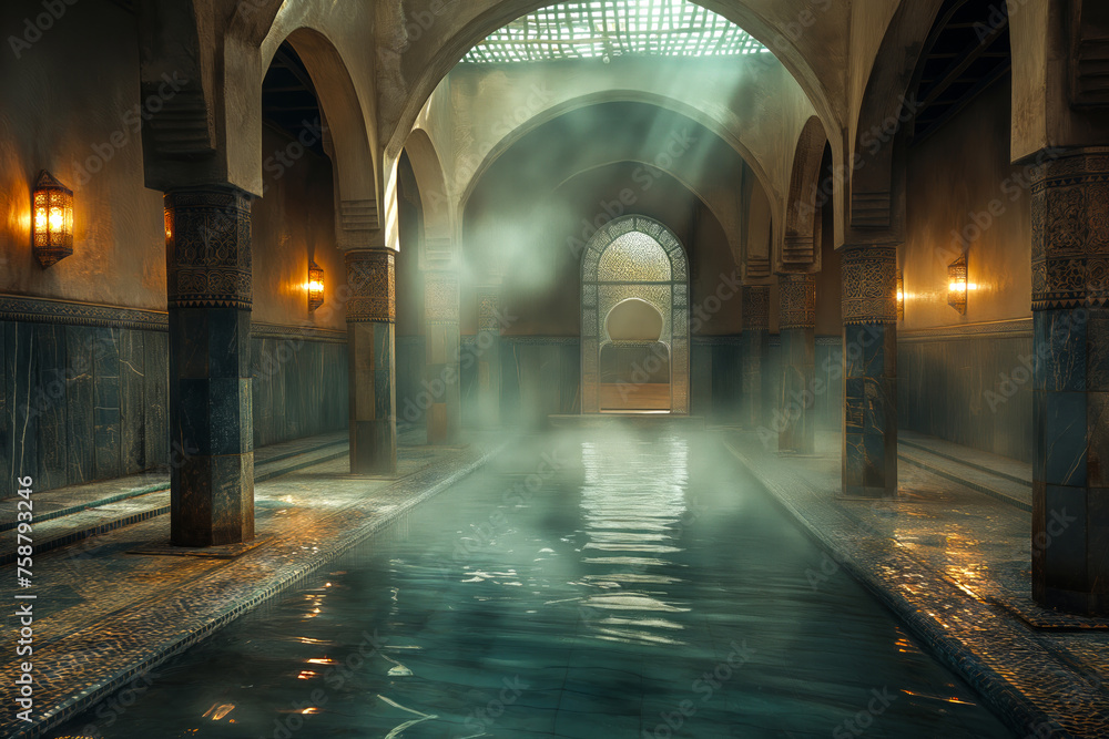 Mystical eastern bathhouse interior with tranquil waters Mystical eastern bathhouse interior with tranquil waters