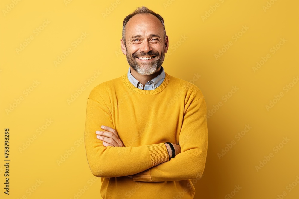 Portrait of happy mature man with crossed arms, isolated on yellow background Portrait of happy mature man with crossed arms, isolated on yellow background