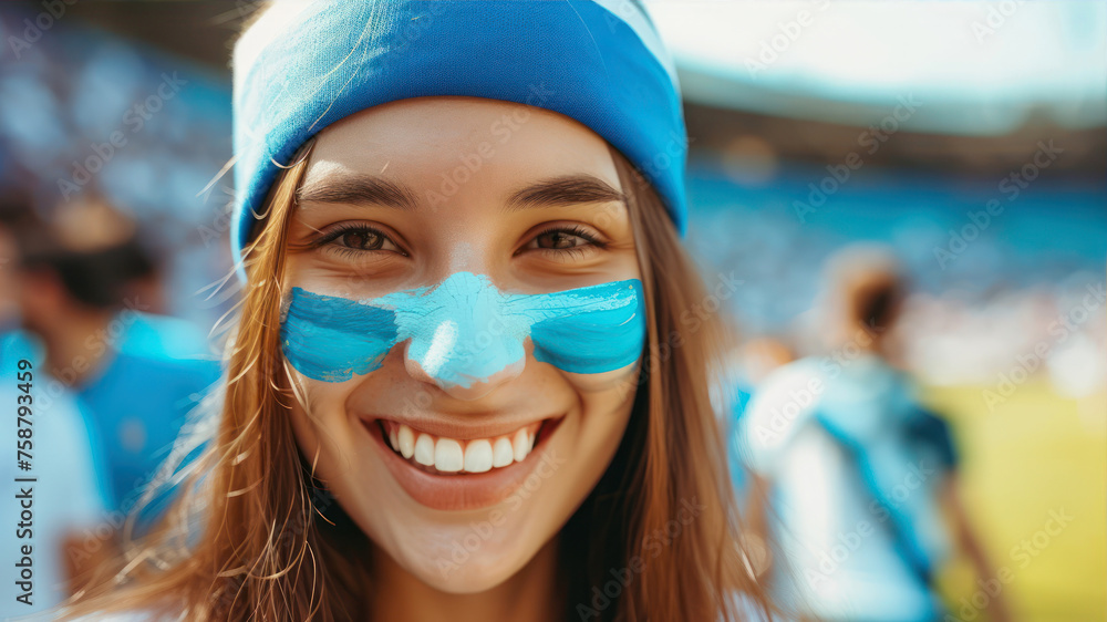 Portrait of a beautiful young girl cheerleader fan with a blue mask on her face at the stadium. Portrait of a beautiful young girl cheerleader fan with a blue mask on her face at the stadium.