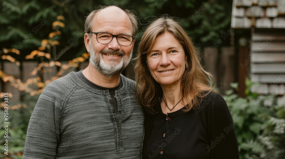 Mature couple smiling together in an autumnal garden. Mature couple smiling together in an autumnal garden.
