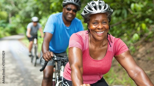 Joyful African-American couple cycling in nature.