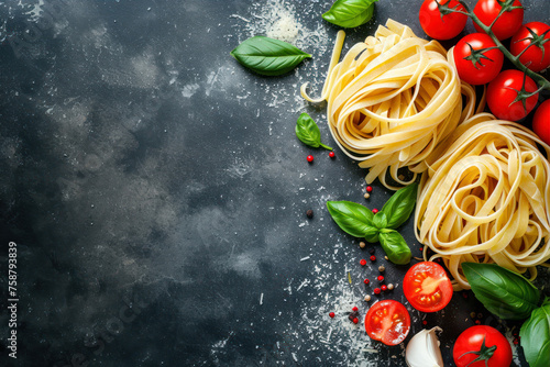 Pasta and ingredients for cooking on stone table. Top view with copy space