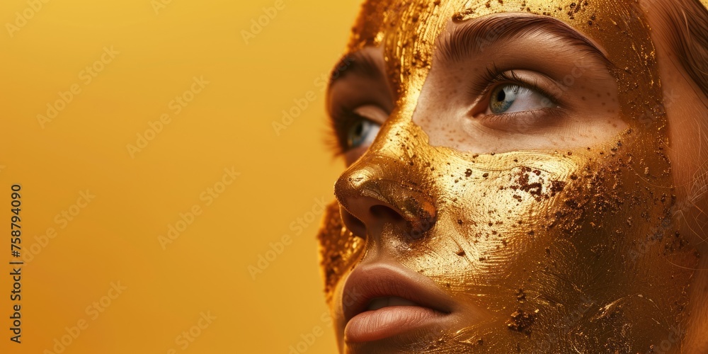 portrait of a beautiful girl with a clay mask on her face, golden clay mask, concept of self-care and cosmetology, luxury and expensive cosmetics, yellow background portrait of a beautiful girl with a clay mask on her face, golden clay mask, concept of self-care and cosmetology, luxury and expensive cosmetics, yellow background
