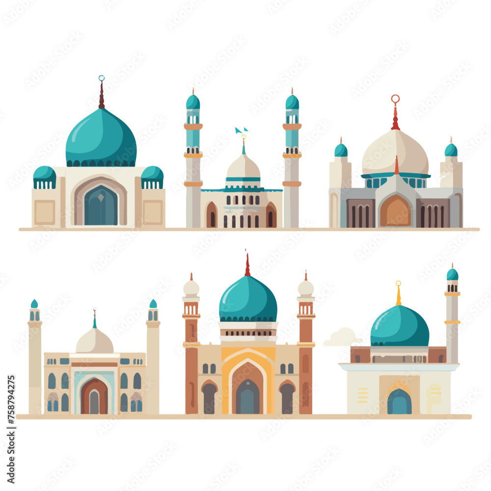 Five muslim buildings flat vector illustration 
