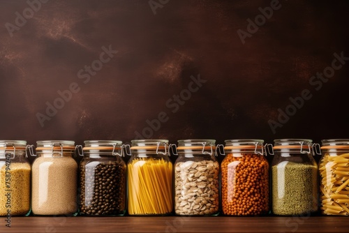 Jars filled with various grains on a wooden shelf. Assortment of Whole Grains