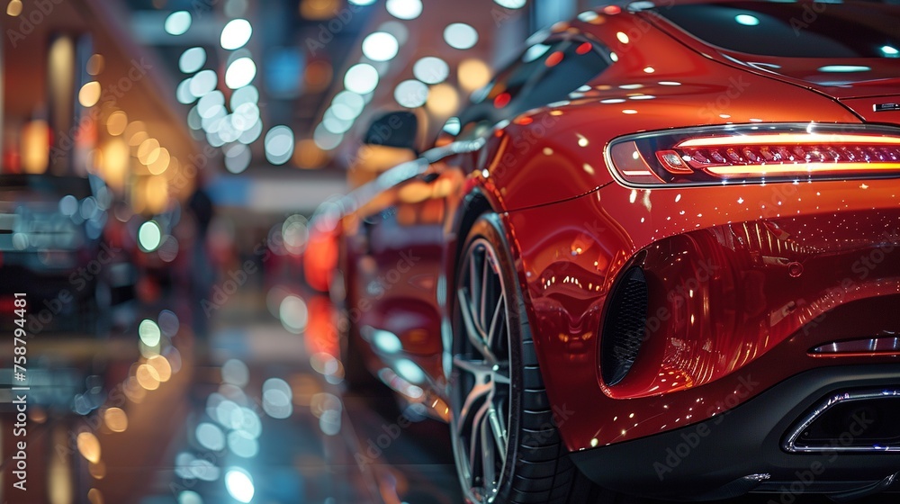 Gleaming Red Luxury Car Displayed in a Brightly Lit, Elegant Showroom