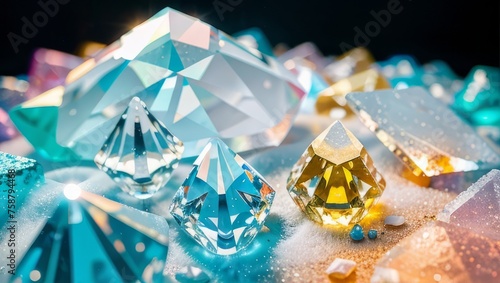 Fantasy composition, flawless crystals in the refraction of light rays, glass, decoration, light, blue, holiday, diamond, ball, gift, sphere, color, crystal, gem, jewelry, gold, celebration, xmas, tre