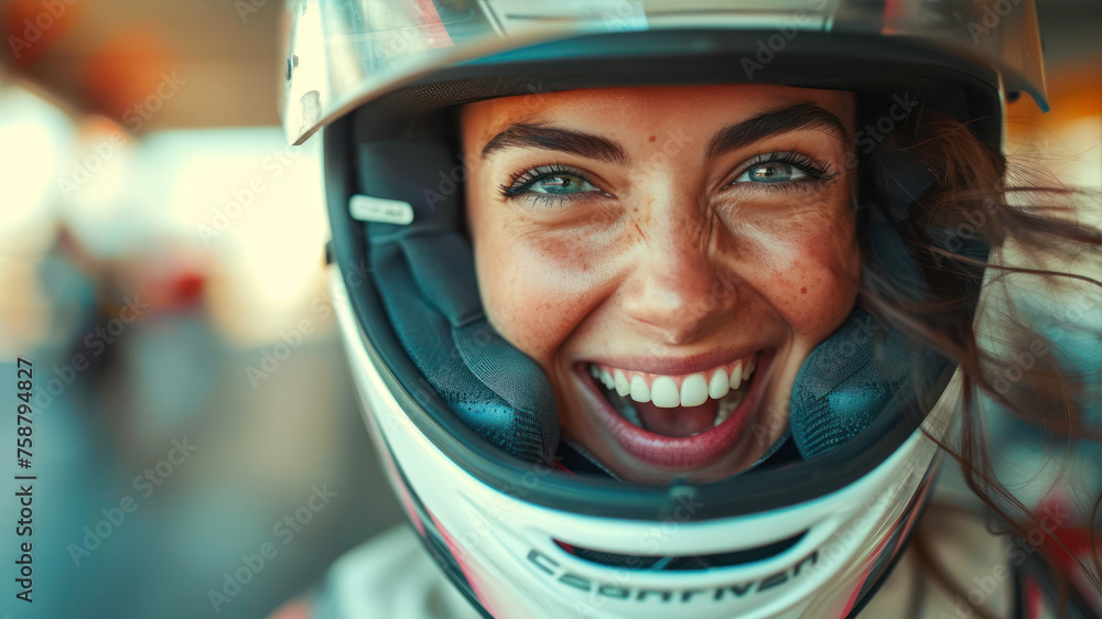 Close-up portrait of a smiling female motorcyclist wearing helmet. Close-up portrait of a smiling female motorcyclist wearing helmet.