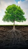 Large verdant tree with visible roots on ground, copy space in background for text