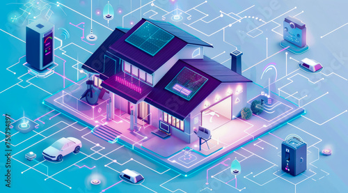 A neon-lit futuristic smart home with connected devices at night, showcasing energy management,ai generated