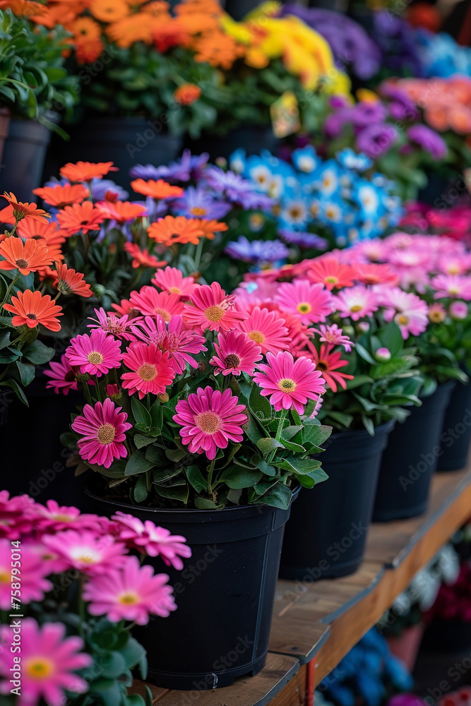 Colorful flowers displayed in pots at a garden store, showcasing the beauty of nature for sale.