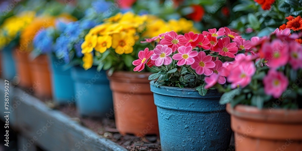 In a burst of colors, vibrant flowers bloom in pots, enhancing the beauty of nature.