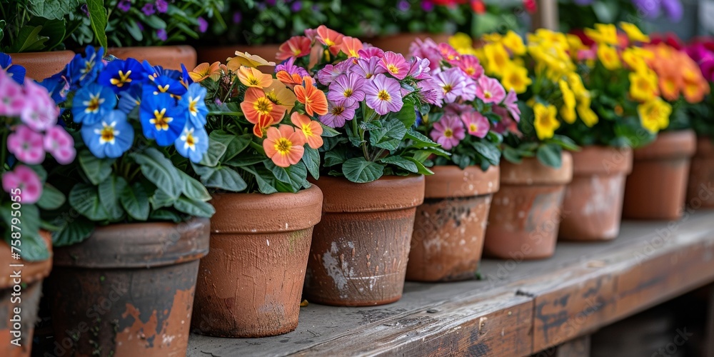 In a colorful outdoor setting, flowers bloom in pots, enhancing the beauty of the surroundings.