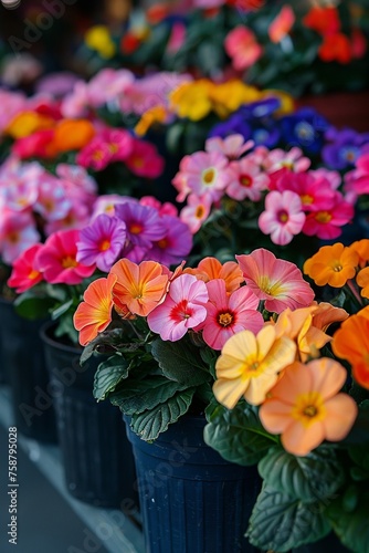 Flowers such as primroses and petunias reflect the beauty of nature in different shades.