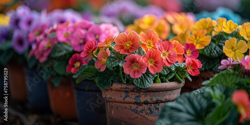 Bright blooming summer flowers  including geraniums and petunias in pots close-up.