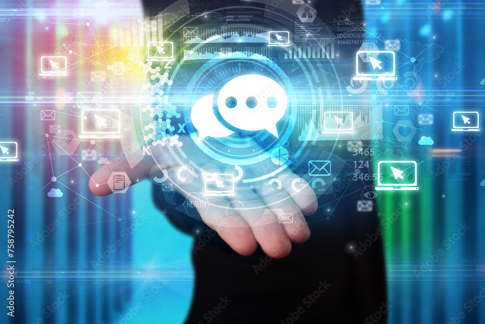 Businessman holding technology icon Businessman holding technology icon