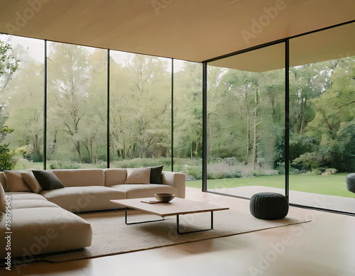 Wallpaper Mural Contemporary Living Room Design with large panoramic windows, AI Generation Torontodigital.ca