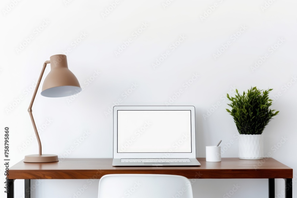 Desk with mockup laptop and minimalistic decor. Desk with mockup laptop and minimalistic decor.