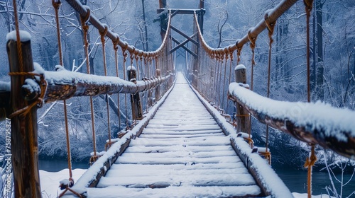 old wooden hanging footbridge in the winter photo