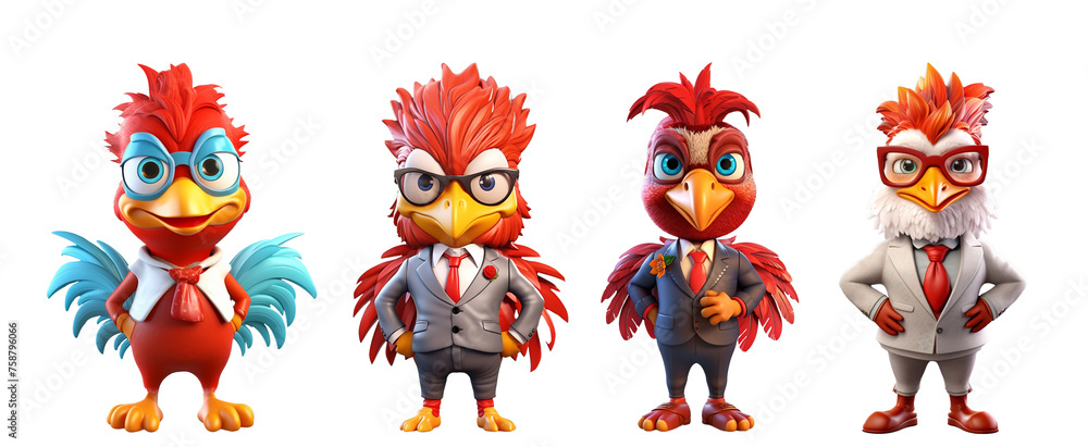 Set of illustrations of a chicken businessman on a transparent  background.