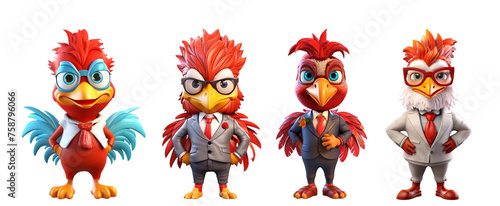 Set of illustrations of a chicken businessman on a transparent  background. © Gassenee