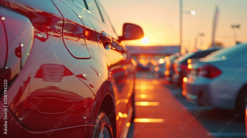 Red car stands out in dealership as sun sets, lights on. Sunset lights up car lot, red vehicle stands out sharply. Red car stands out in dealership as sun sets, lights on. Sunset lights up car lot, red vehicle stands out sharply.