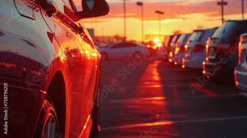 Red car stands out in dealership as sun sets, lights on. Sunset lights up car lot, red vehicle stands out sharply. © Chatpisit