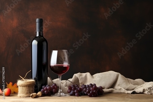 A still life of red wine in a glass beside a bottle, grapes, and autumnal decor on a rustic wooden table. Elegant Wine Tasting Setup with Grapes