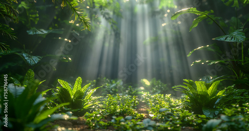 The morning sunlight filters through the branches and onto the forest floor filled with lush green leaves. Image generated by AI