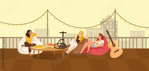 A group of individuals are enjoying leisure on bean bag chairs, sitting on a rooftop taking in the entertainment of a musical instrument event. Vector illustration