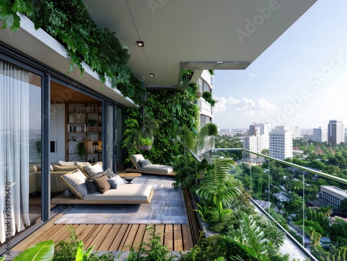 Sustainable Urban Living - Green Balcony - Modern Apartment - Generate visuals that portray sustainable urban living, featuring a modern apartment with a green balcony, where residents enjoy