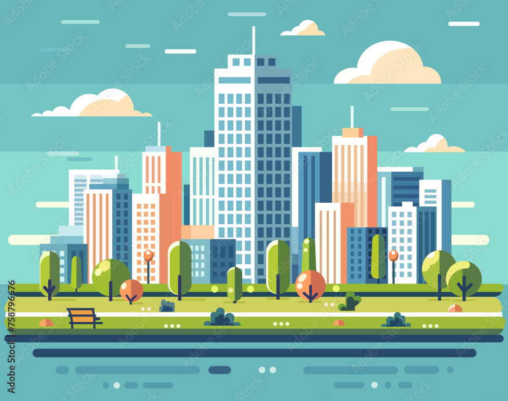 Urban design featuring skyscrapers, tower blocks, and condominiums in the cityscape, with a park in the foreground as an artful addition to the world of buildings. Vector illustration