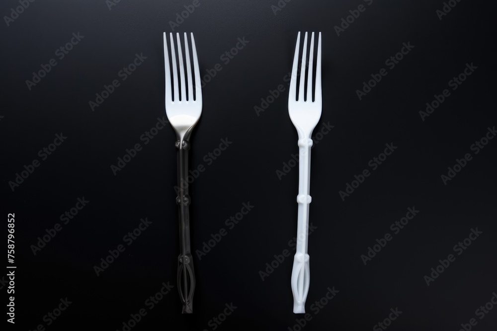 Artistic composition of a black and a white plastic fork on a dark background, symbolizing diversity and choice. Contrast Concept with Black and White Forks Artistic composition of a black and a white plastic fork on a dark background, symbolizing diversity and choice. Contrast Concept with Black and White Forks