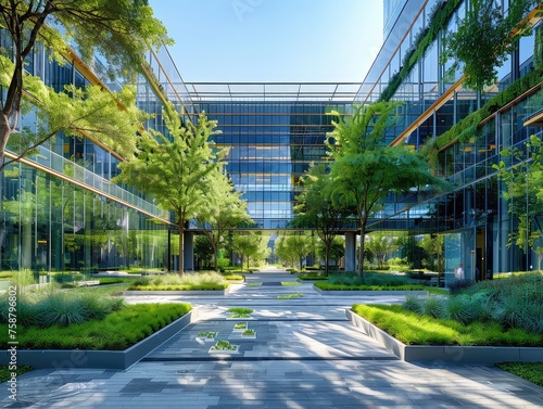 Eco-conscious Corporate Campus - Tree-lined Streets - Modern Design - Generate visuals of an eco-conscious corporate campus, with tree-lined streets and modern architecture featuring glass exteriors