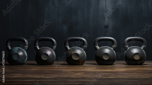 A set of kettlebells lined up against a gym's charcoal wall.