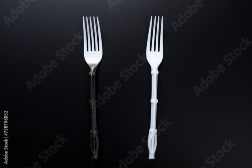 Artistic composition of a black and a white plastic fork on a dark background  symbolizing diversity and choice. Contrast Concept with Black and White Forks