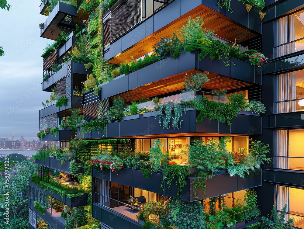 Urban Green Sanctuary - Sustainable Balconies - Eco-friendly Apartments - Generate visuals of an urban green sanctuary, featuring sustainable balconies and eco-friendly apartments with glass exteriors