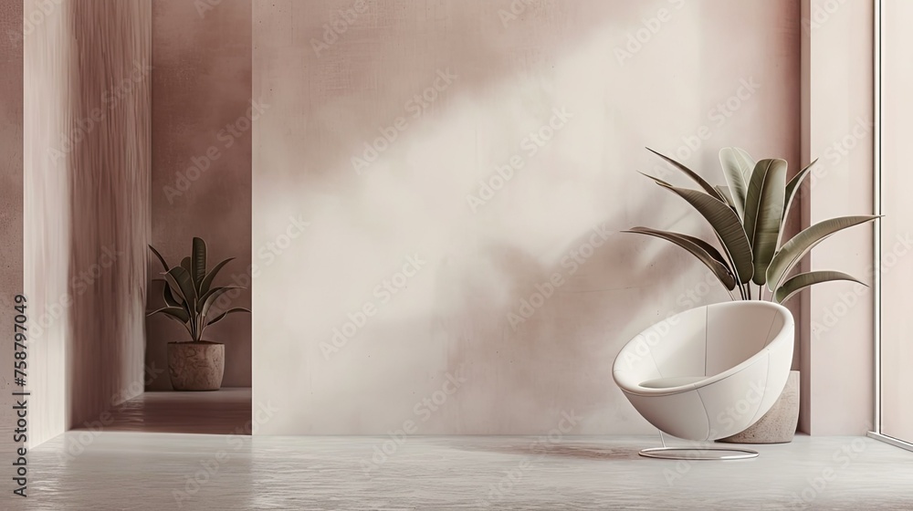 room interior in minimalist style. Empty white wall or light tone with an armchair or sofa or a flower pot room interior in minimalist style. Empty white wall or light tone with an armchair or sofa or a flower pot