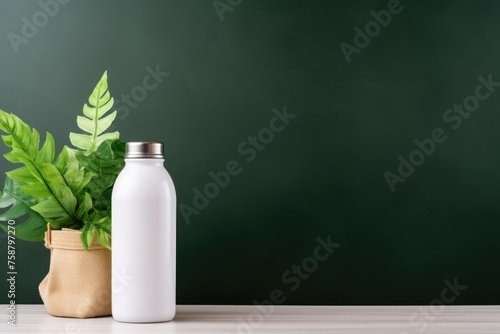 Reusable water bottle alongside potted green plants.