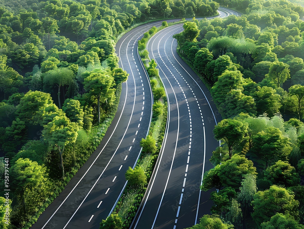 Eco-friendly Highway - Aerial View - Woodland Scene - Generate visuals of an eco-friendly highway from an aerial perspective, showcasing a scenic woodland scene with lush trees and foliage
