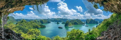 Halong bay  world heritage site with limestone islands, emerald waters, and boats in vietnam © Ilja