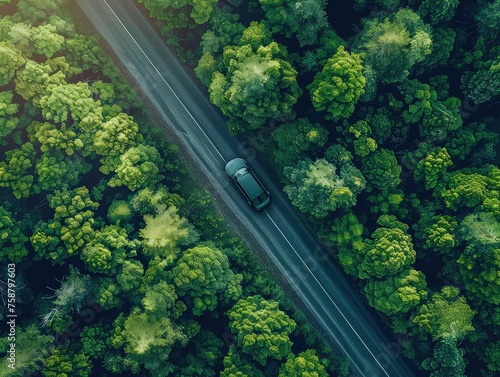 Eco-conscious Road Trip - Forest Expedition - Sustainable Travel - Generate visuals of an eco-conscious road trip, embarking on a forest expedition along a sustainable travel route