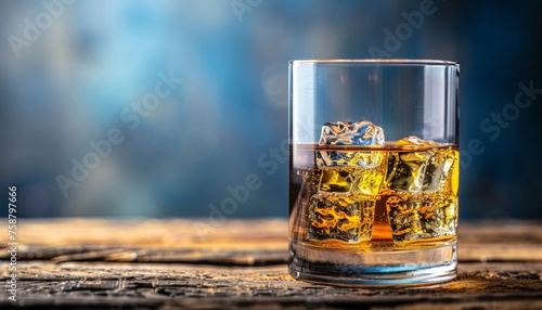 Whiskey glass with ice cubes on simple background, providing ample space for text placement