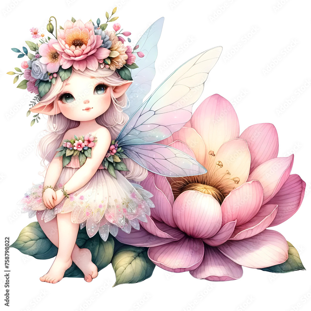 Magical fairy with flower watercolor clipart, Playful fairy clipart Magical fairy with flower watercolor clipart, Playful fairy clipart