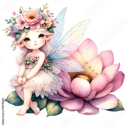 Magical fairy with flower watercolor clipart, Playful fairy clipart