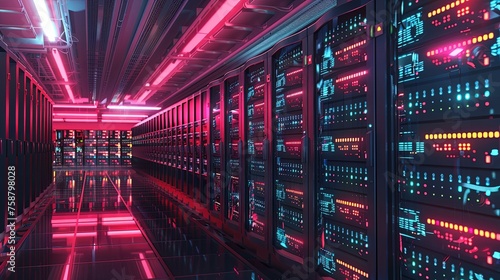 A corridor in a modern data center glows with neon lights, highlighting racks of servers that power our digital world. 