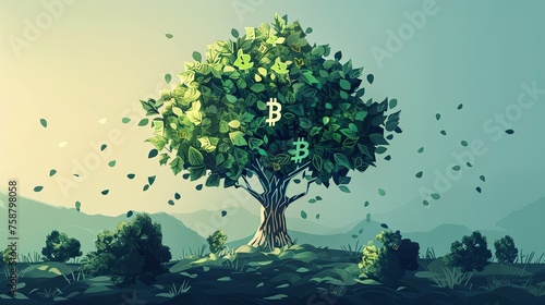 Cryptocurrency Growth Concept with Bitcoin Tree A creative representation of a tree with leaves in the shape of Bitcoin and currency symbols  illustrating the theme of economic growth in the digital  