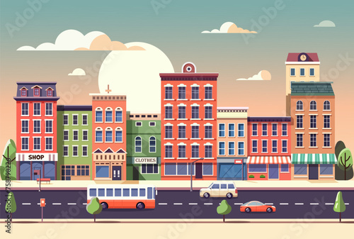 Urban landscape with tall buildings, cars on street, sky with moon, clouds. Urban city, cars speeding down street, architectural designs, facades lining skyline. Vector illustration